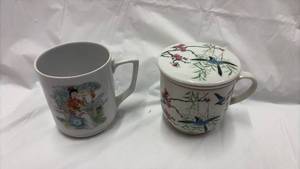 lot 59050 image: Chinese Porcelain Tea Cups with Bird and Floral Design - Retail $25