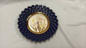lot 59088 image: Cobalt blue lattice decorative plate featuring a floral design in the Art of Chokin style.  - Retail $25