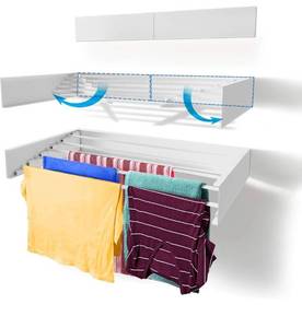 lot 5696 image: Step Up Laundry Drying Rack (28-INCH White), Wall Mounted, Retractable Clothes Drying Rack, 40lbs Capacity, 11.6 Linear Ft, with Wall Template and Long Screwdriver Bit