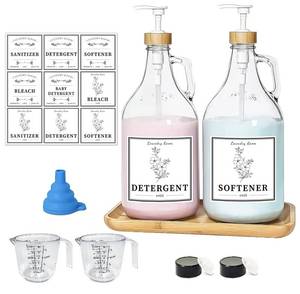 lot 5748 image: Glass Laundry Detergent Dispenser, Liquid Laundry Soap Dispenser for Laundry Room, 64oz Detergent Bleach Softener Dispenser for Farmhouse Decor, Includes Bamboo Pumps and Tray, Funnel, Labels