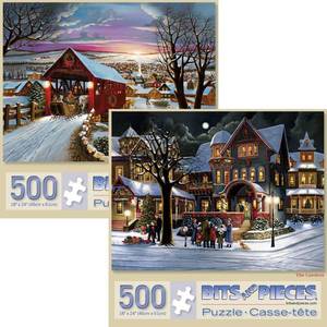 lot 5780 image: Bits and Pieces Value Set of Two 500 Piece Jigsaw Puzzles for Adults The Joys of Christmas, Winter Holiday Jigsaw Puzzles by Artist H. Hargrove, Completed Puzzle Size 18 x 24