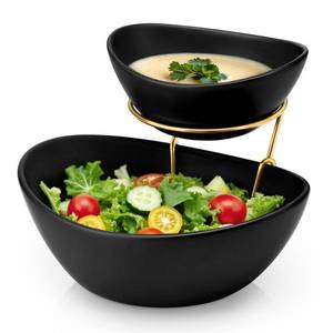 lot 5800 image: MALACASA 2 Tier Chip and Dip Serving Set with Metal Stand,Ceramic Appetizer Bowls for Party, Multi-Use Food Display for Fruits, Snacks,Black Elegant Tiered Serving Dishes for Party