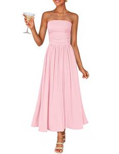 lot 5818 image: ZESICA Womens Summer Sleeveless Midi Dress 2026 Strapless Ruched A Line Flowy Wedding Guest Party Beach Long Dresses Pink 2X-Large