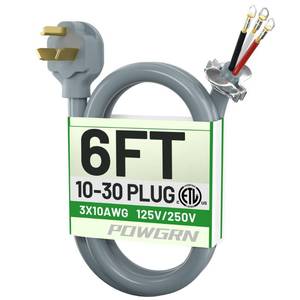 lot 5842 image: 30 Amp 3 Prong Dryer Cord 6 FT Gray, 10 Gauge Appliance Dryer Power Cord NEMA 10-30P to 3-Wire Appliance Cord, Pure Copper Wire, Dryer Plug 3 Prong, ETL Listed