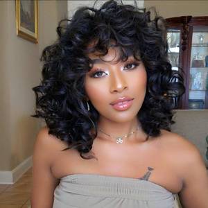 lot 5857 image: Lotfon Short Curly Wigs for Black Women Synthetic Hair Heat Resistant Fluffy Natura Wigs for African American Women (Black)