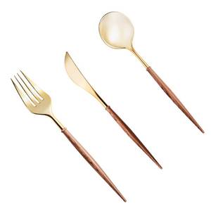 lot 5885 image: Lullaby 60pcs Gold Plastic Silverware, Gold Disposable Cutlery with Wood Grain Handle Include 20 Forks, 20 Spoons, 20 Knives, Elegant Disposable Silverware for Wedding, Party, Gathering, Daily Use
