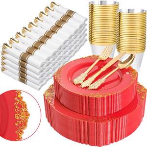 lot 5892 image: Nervure 350PCS Red Plastic Plates - Red Gold Plastic Dinnerware Sets for 50 Guests - 100 Gold Disposable Plates, 50 Pre Rolled Silverware Sets, 50 Cups Perfect for Wedding & Party