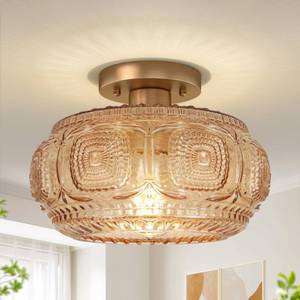 lot 5932 image: OYKYOHEI Semi Flush Mount Ceiling Light, Upgraded Larger Amber Glass Ceiling Light Fixture, Vintage Lighting for Hallway Kitchen Bedroom Dining Room, Bulb Not Included