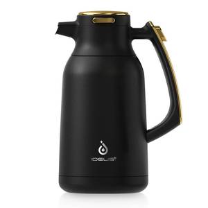 lot 5934 image: IDEUS Thermal Coffee Carafe 68oz (2,000ml), Stainless Steel Double Wall Insulated Vacuum Flask, Water Jug Coffee Server and Beverage Dispenser, Heat and Cold Retention (Black-Gold, 68oz (2,000ml))