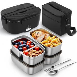 lot 5939 image: ESOHOT Heated Lunch Box,120W Electric Lunch Box for Adults with 1.5L 304 Stainless Steel Container, 12V24V110V Lonchera El�ctrica Port�til for Travel,Work,Car,Truck (Pure Black, 1.5L x 4)