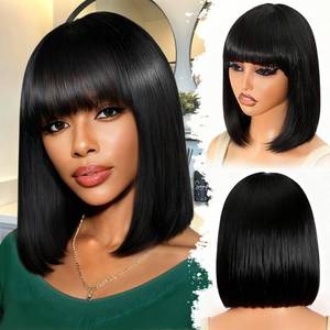 lot 5953 image: ZHENGON Bob Human Hair Wig with Bangs Silky Straight Glueless Wigs Human Hair 150% Density Black Bob Wig with Bangs None Lace Machine Made Wigs for Black Women 12Inch