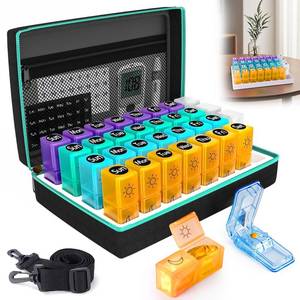lot 5967 image: Monthly Pill Organizer 2 Times a Day, 2-in-1 for Home & Travel, 31 Day Pill Box AM PM with Cutter & Travel Bag, Portable Soft One Month Pill Box with Weekly Stickers for Medication & Vitamins