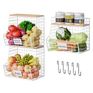 lot 7036 image: 3 Pack Hanging Fruit Basket for Kitchen with Wood Lid - Onion and Potato Storage Fruit Bowl with Nameplate for Counter&Wall Mounted, Stackable Storage Basket,11.81  8.66  10.63inch