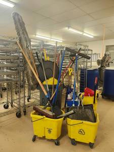 lot 22111 image: Commercial Janitorial Cleaning Equipment W Mop Buckets, Dust Mops, Push Brooms, and More