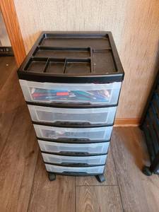 lot 1201 image: 6 drawer organizer on rollers, 26x12x14, including contents of office supplies