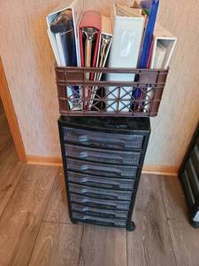 lot 1202 image: 8 drawer organizer on rollers, 27x12.5x15 plus 3 ring binders and more