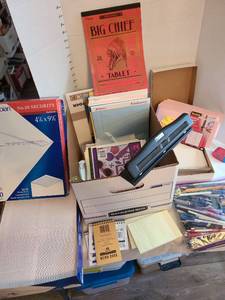 lot 1208 image: Envelopes, note pads, Big Chief tablet, pens, 3 hole punch