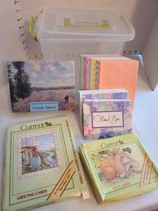 lot 1211 image: Latching carry tote with greeting cards and colored envelopes.