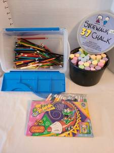 lot 1327 image: Sidewalk chalk, colored pencils in storage tote, twist-up crayons.