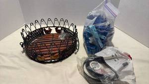 lot 1456 image: Decorative Wooden and Metal Bird Basket, clothing pins and more