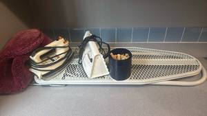 lot 1462 image: Table top ironing board, irons and more