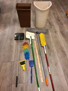 lot 1469 image: 2 trash cans with floor sweep, mops, dusters, more.