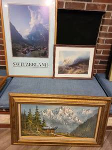 lot 1578 image: Framed wall decor of Switzerland and mountain landscape, largest is 38x26
