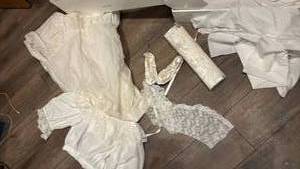 lot 1747 image: White laced Prairie Style Wedding Dress with basket shoes Small