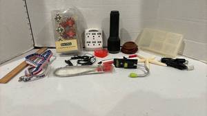 lot 1762 image: Shower Curtain Hooks, flashlight, multi socket power strip and More