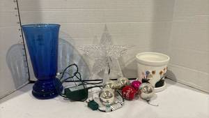 lot 1763 image: Flower pot with broken decoration, Star treetop and blue vase