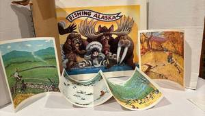 lot 1764 image: Fishing Alaska Poster and Four Norman Rockwell prints