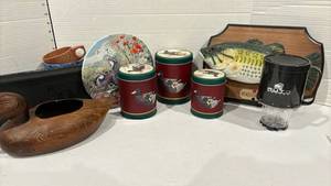 lot 1768 image: Wooden deck bowl, fish placque, duck nesting cans, plate and auto coin sorter