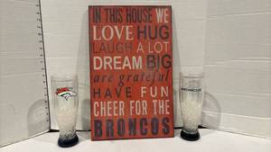 lot 1775 image: Denver Broncos Fan Collection - Wood Sign and Beer Glasses