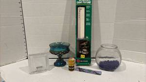 lot 1776 image: Indiana Glass Kings Crown dish, under cabinet light fixture, fish bowl, glass frame and more