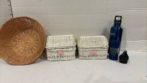 lot 1782 image: Two wicker boxes, basket and water bowl
