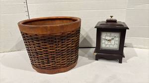lot 1790 image: Woven Waste Basket and Mantel Clock