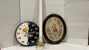 lot 1802 image: Needlepoint in frame, fluorescent light and clock