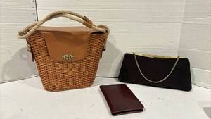 lot 1805 image: Woven wicker handbag, black clutch and notebook keeper