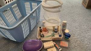 lot 2037 image: Laundry basket and misc health and beauty aids