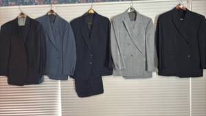 lot 2176 image: Two Piece Suit Jacket and Slacks Combos. Sizes may vary but close to 34 36 X 30 31 Short Johnston and other Designers  One has a vest included show him picture
