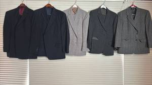 lot 2177 image: Two Piece Suit Jacket and Slacks Combos. Sizes may vary but close to 34 36 X 30 31 Short Johnston and other Designers one has vest as shown in photo