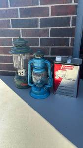 lot 3021 image: Vintage Coleman Lantern, Dietz Little Wizard Oil Burning Lantern and Full can of Fuel