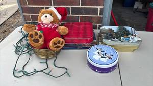 lot 3054 image: Box of Christmas Tins, Cups, lights and more