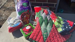 lot 3103 image: Homemade Tree Skirts, Blanket, Pot Holder, Santa and more