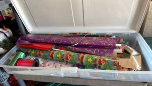 lot 3121 image: Storage Bin with Wrapping Paper and Other Items