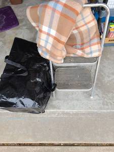 lot 3148 image: Large black zippered bag, stepstool, blanket with snaps