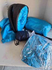 lot 3245 image: 2 inflatable lounger air sofa hammocks in storage bags, 2 rain ponchos in bags
