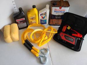 lot 3255 image: Car Emergency Kit with Jump Starter, Tow Rope, oils