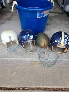lot 3301 image: Football helmets, mask, football, cracked storage tub