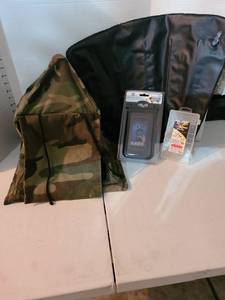 lot 3307 image: Camo toy play pop-up tent for action figures, waterproof bag for cell phone, small tackle organizer, inflatable bathtub pillow.
